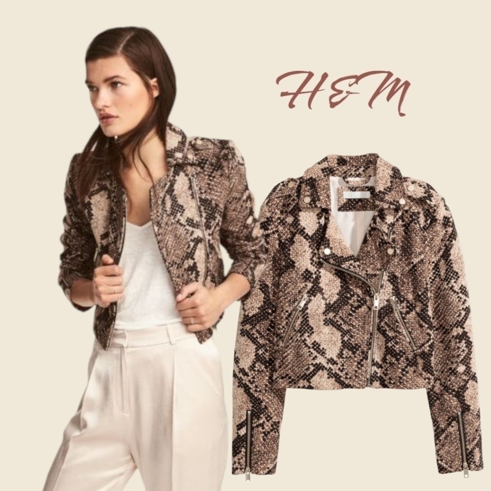 H&M CROPPED SNAKE PRINT BIKER JACKET SIZE  4 💗
